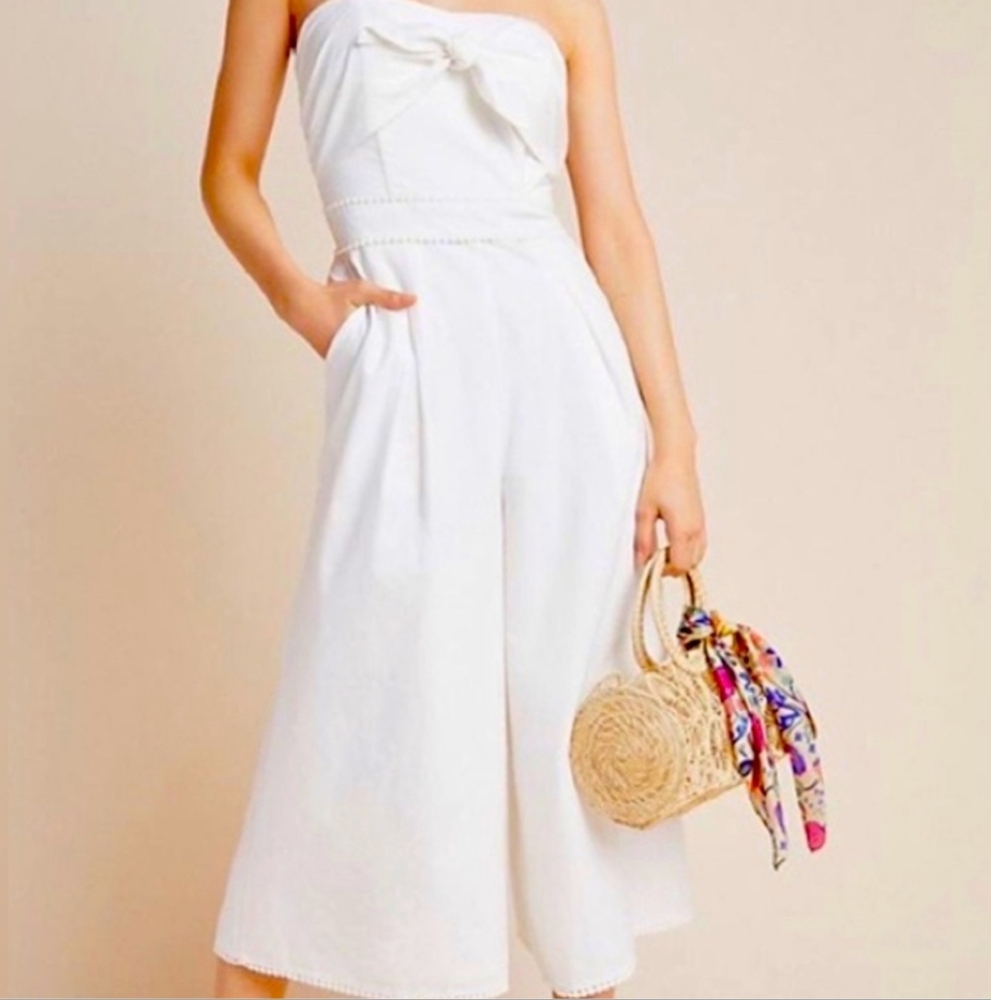 Greylin White Strapless Cropped Wide Leg Jumpsuit Size Small
